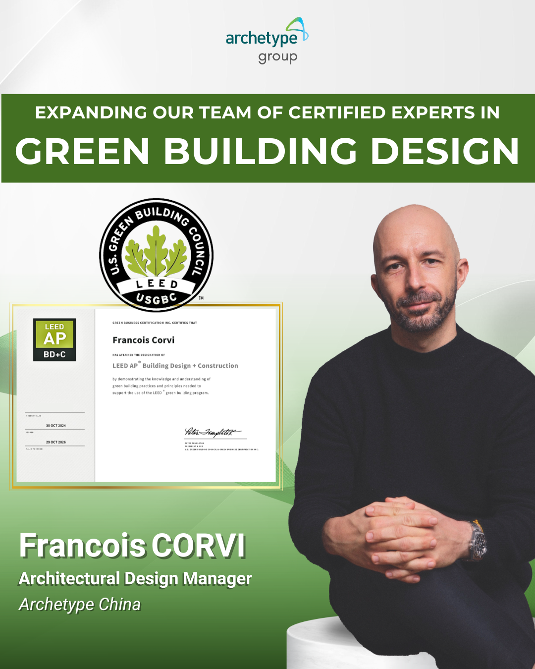 Francois Corvi Achieves LEED AP BD+C Certification at Archetype China